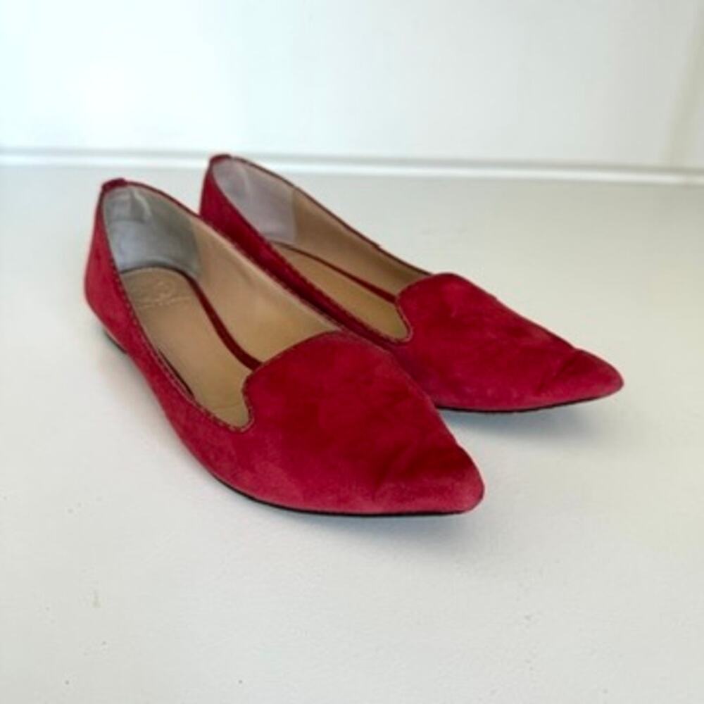 Tory Burch Pointed Toe Flats Raspberry Suede Gold Heel Logo Balletcore 6.5M‎